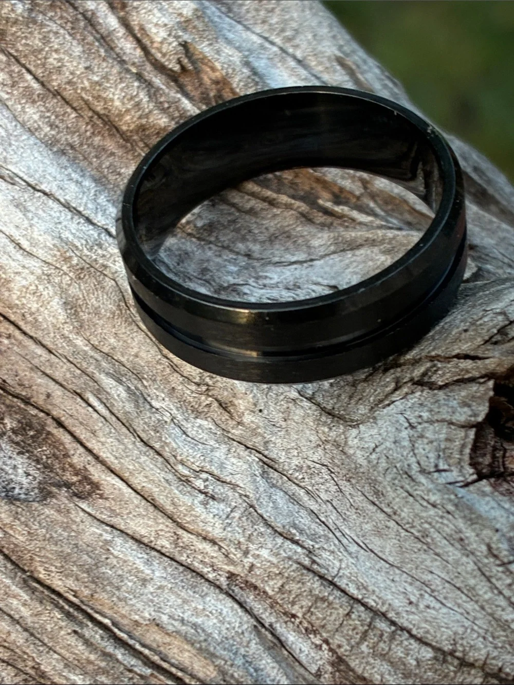 Black Men's Stainless Steel Band Ring - Sleek Two-Groove Design